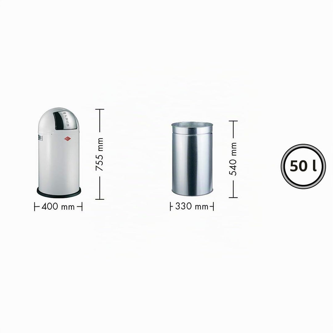 WESCO Pushboy Mülleimer in der Farbe weiss matt, pulverbeschichtetes Stahlblech, 50 Liter Volumen, g