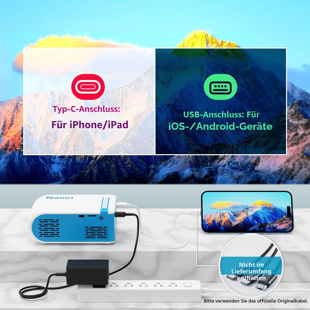 Nasin Mini Beamer, 1080P Unterstützter Tragbarer Filmprojektor, Heimkino und Aussenbereich, Kompatib