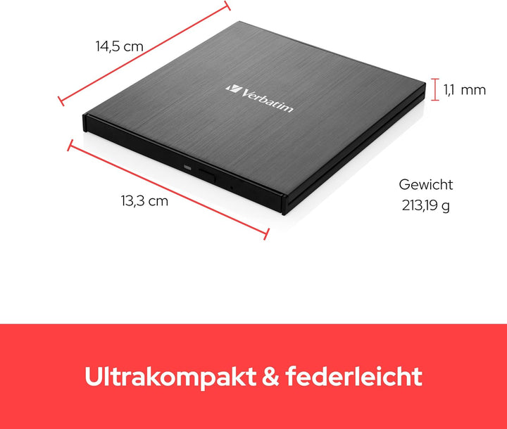Verbatim Externer Slimline Bluray Writer mit USB 3.2-Kabel, DVD und Bluray Brenner, ideal für Notebo