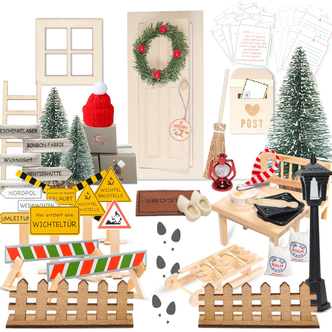 Wichteltür Set, 48 Stück Wichteltür Zubehör Weihnachten Komplettset, Wichtel Zubehör Baustelle Set i