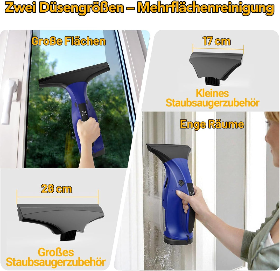 Fenstersauger, wiederaufladbarer Fensterabzieher, streifenfrei mit 28 cm und 17 cm Abzieherklingen,