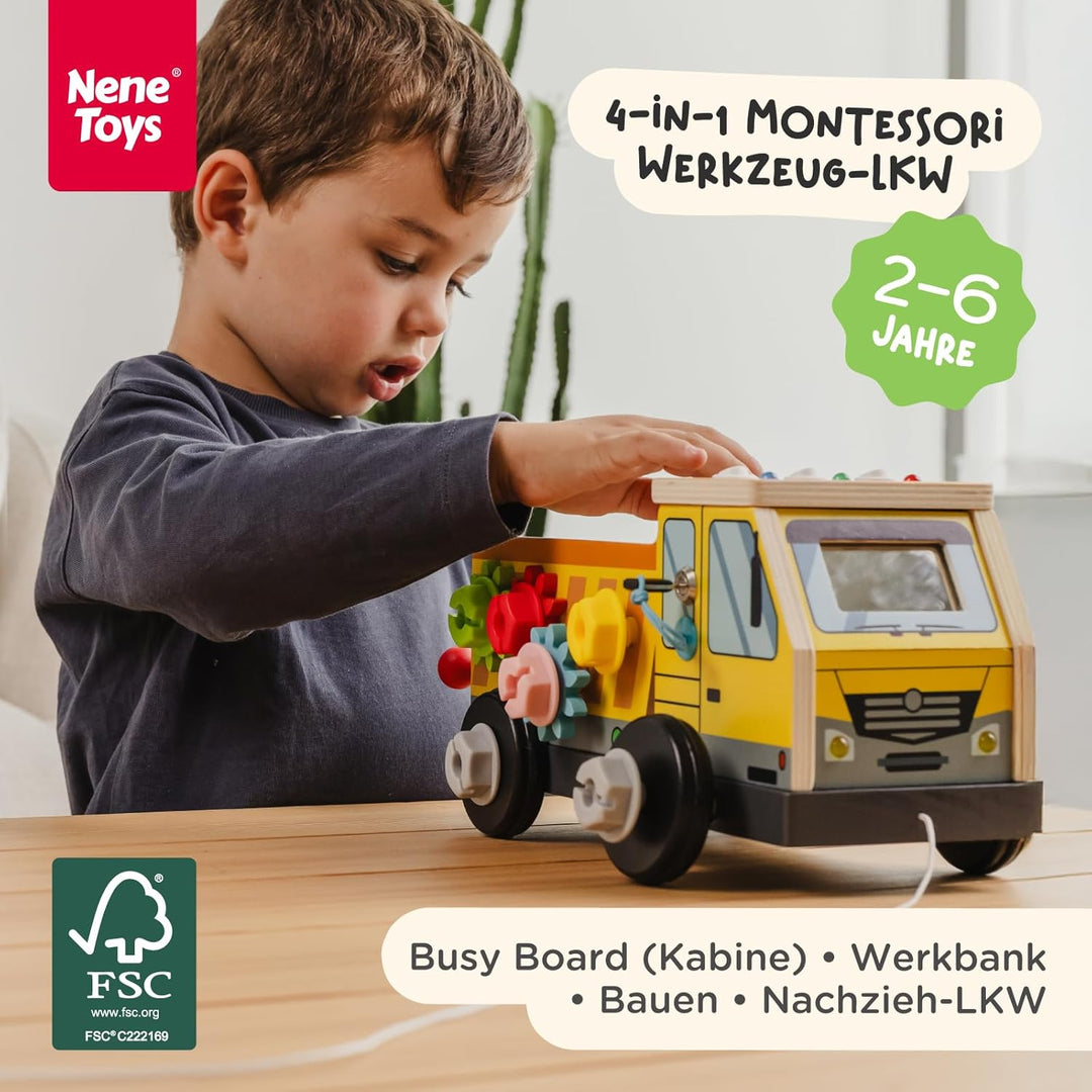 Nene Toys Montessori Busy Board LKW – FSC® Holz Werkzeugkoffer &amp; Schraubbrett mit 3 LED-Schaltern, S