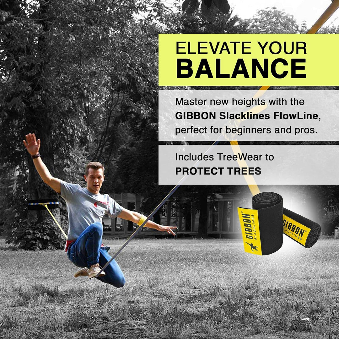 Gibbon Slacklines FlowLine | 1 Zoll / 2,5cm Band | Anfänger & Fortgeschrittene | Doppelratsche & Spa