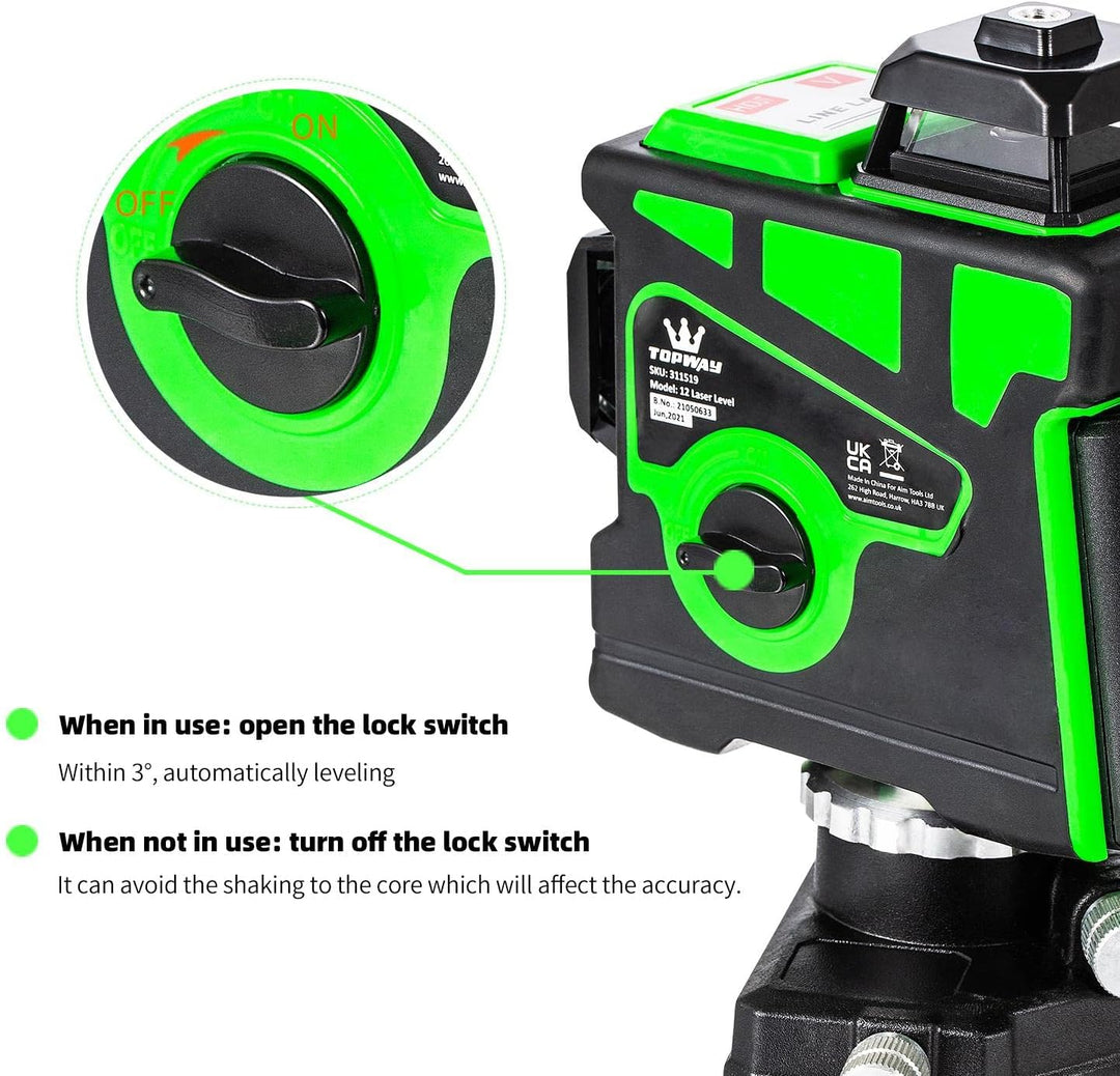 TOPWAY Kreuzlinienlaser Grün 3x360 Grad 3D Linienlaser 12 Linien, Selbstnivellierender Laser Level F