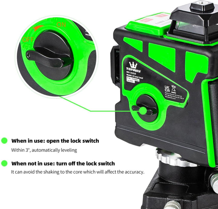 TOPWAY Kreuzlinienlaser Grün 3x360 Grad 3D Linienlaser 12 Linien, Selbstnivellierender Laser Level F
