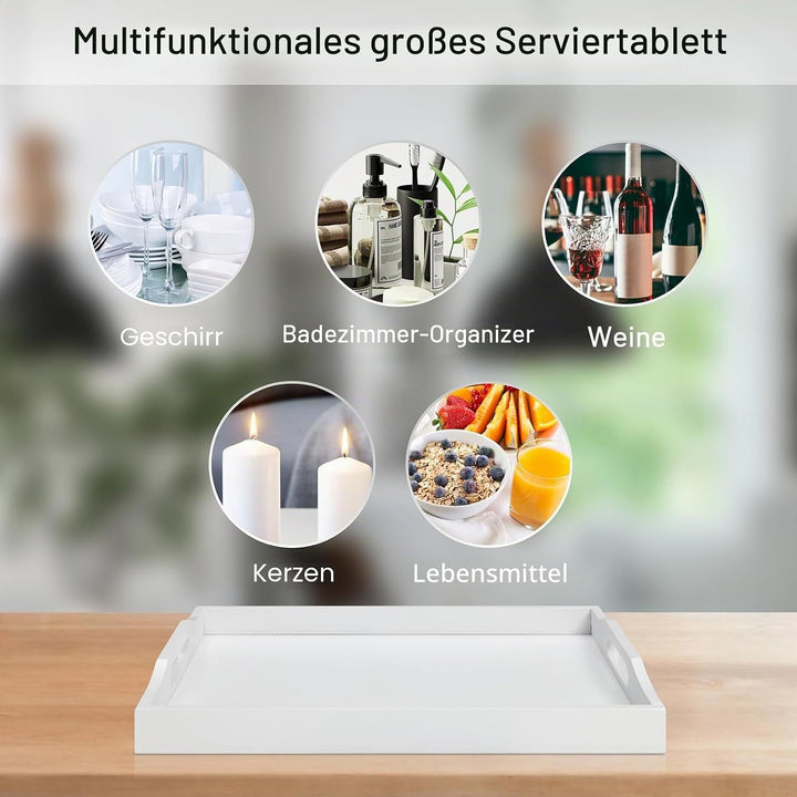 RRX Bambus-Serviertablett mit Griffen,Betttablett für Lebensmittel (Weiss) | Holzschale für Tee, Sna