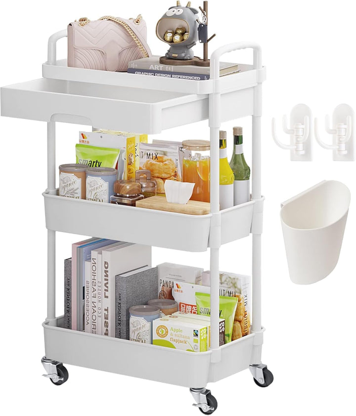 Wuciray 3 Schicht Regal mit Rollen Beistellwagen mit Rollen Rollregal Weiss Putzwagen Friseurwagen S
