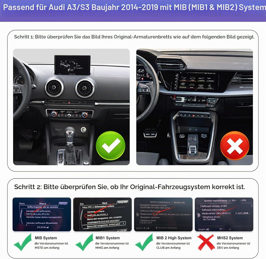 Road Top 12,3 Zoll Autoradio CarPlay für Audi A3/S3 mit MIB (2014-2019) | Linux HD Touchscreen, Wire