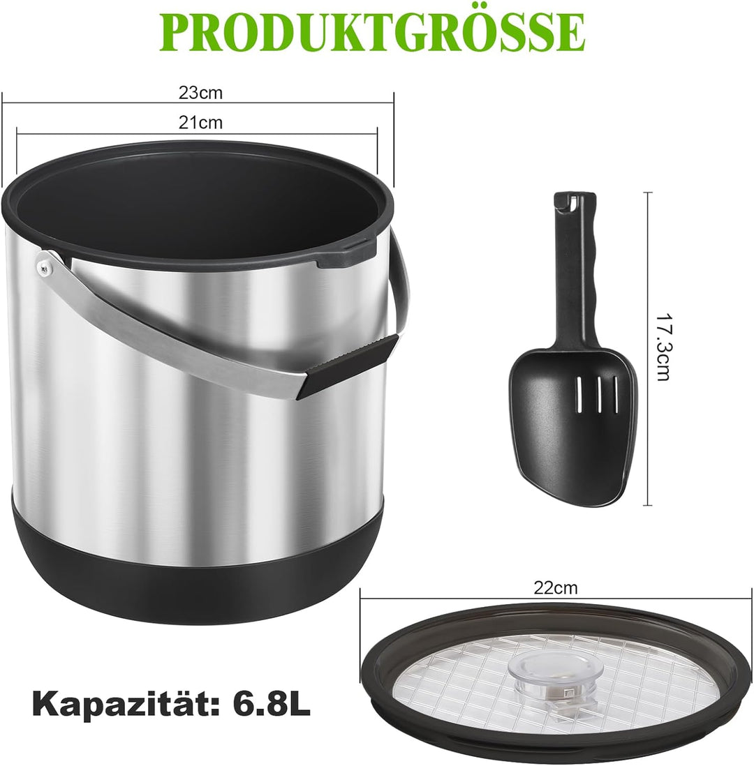 6.8L Eiswürfelbehälter mit Deckel und Schaufel, Edelstahl Eiskübel BPA-FREI, Doppelwandiger Isoliert