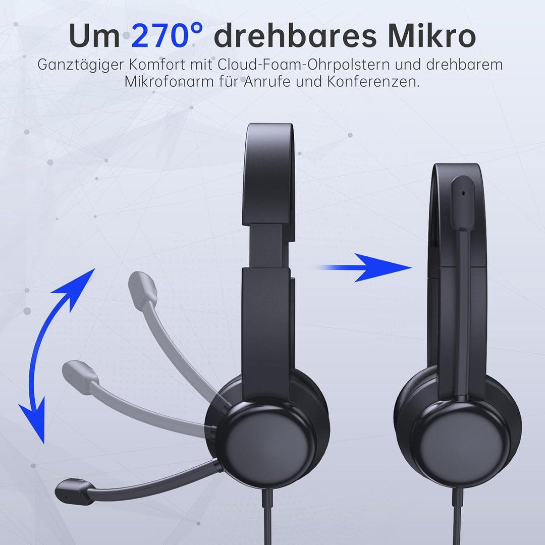 USB Headset mit Mikrofon, Stereo-Headset Noise Cancelling Mikrofon, Kabelgebundenes USB PC Headset f