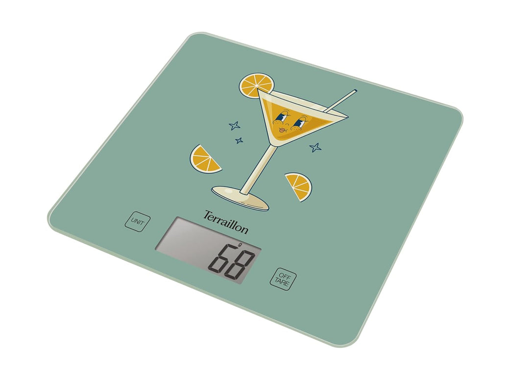 TERRAILLON - T1040 Retro Cocktail, elektronische Küchenwaage, Glasplatte, Kapazität 3 kg, Skalierung