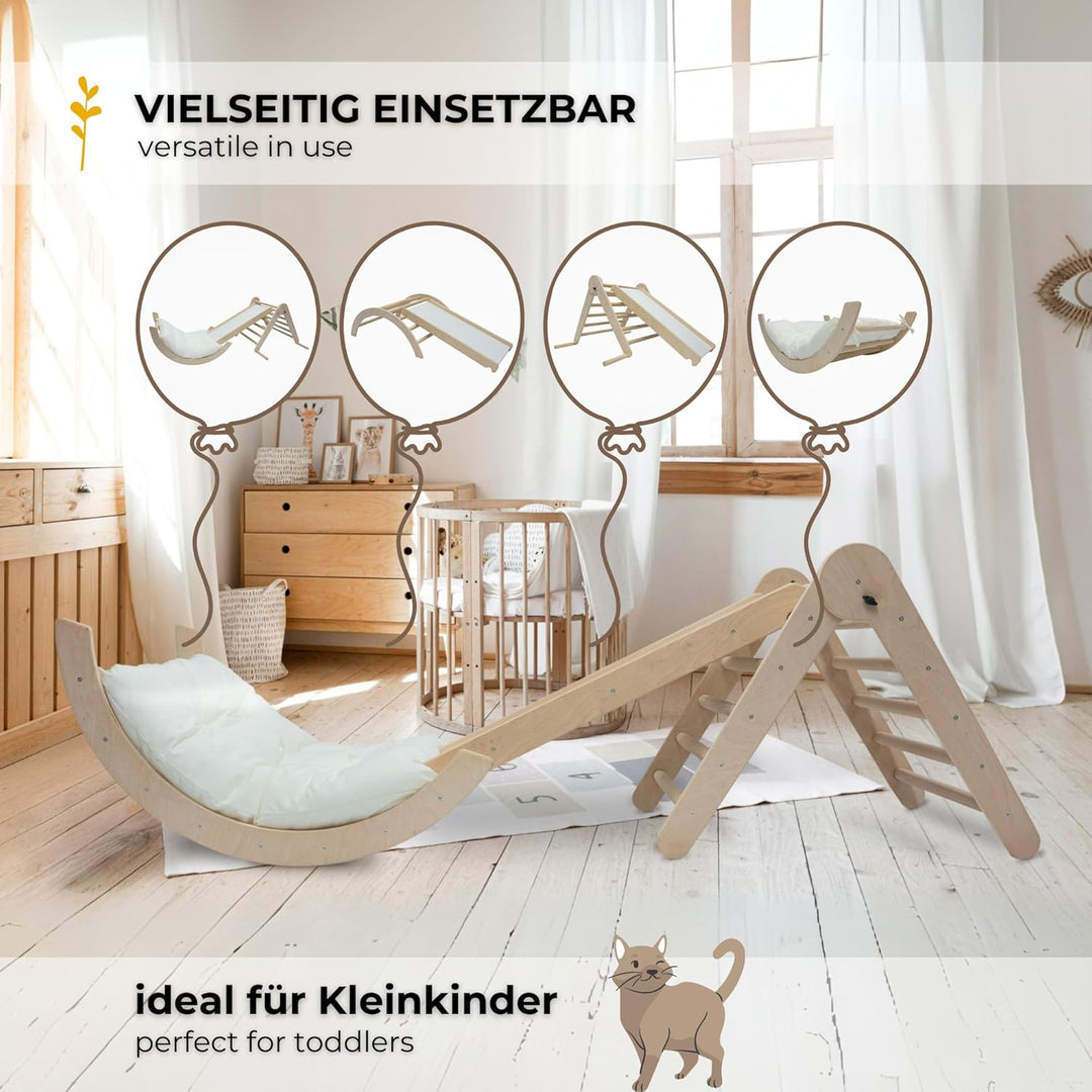 MAMOI® Klettergerüst Kletterdreieck Indoor 4 in 1 Set. Montessori Kletterbogen mit Kissen, Indoor Sp