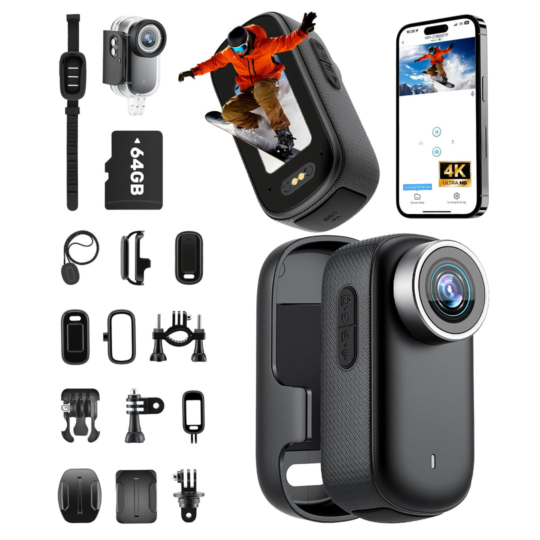 4K Mini Action Kamera mit 64GB SD-Karte, Leichte Tragbare Bodycam, 30M Wasserdichte Unterwasser-Kame