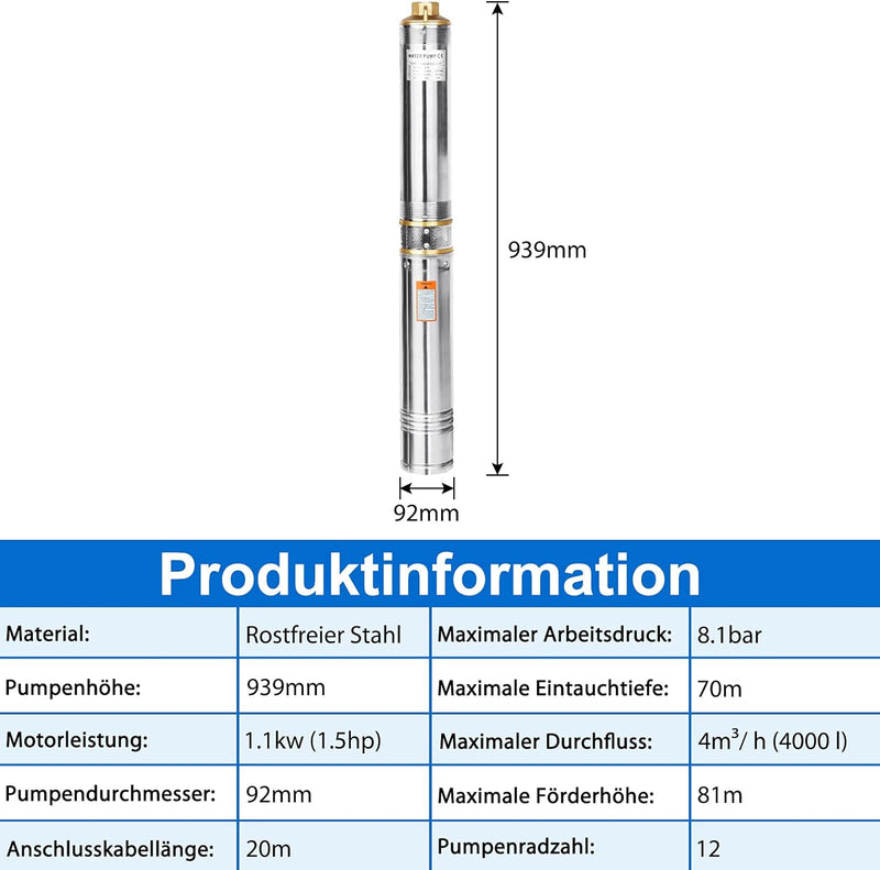 YRHome Tiefbrunnenpumpe Tauchpumpe rostfreiem Edestahl 4 Zoll 1.1kW/1.5hp bis 4.000l/h Fördermenge f