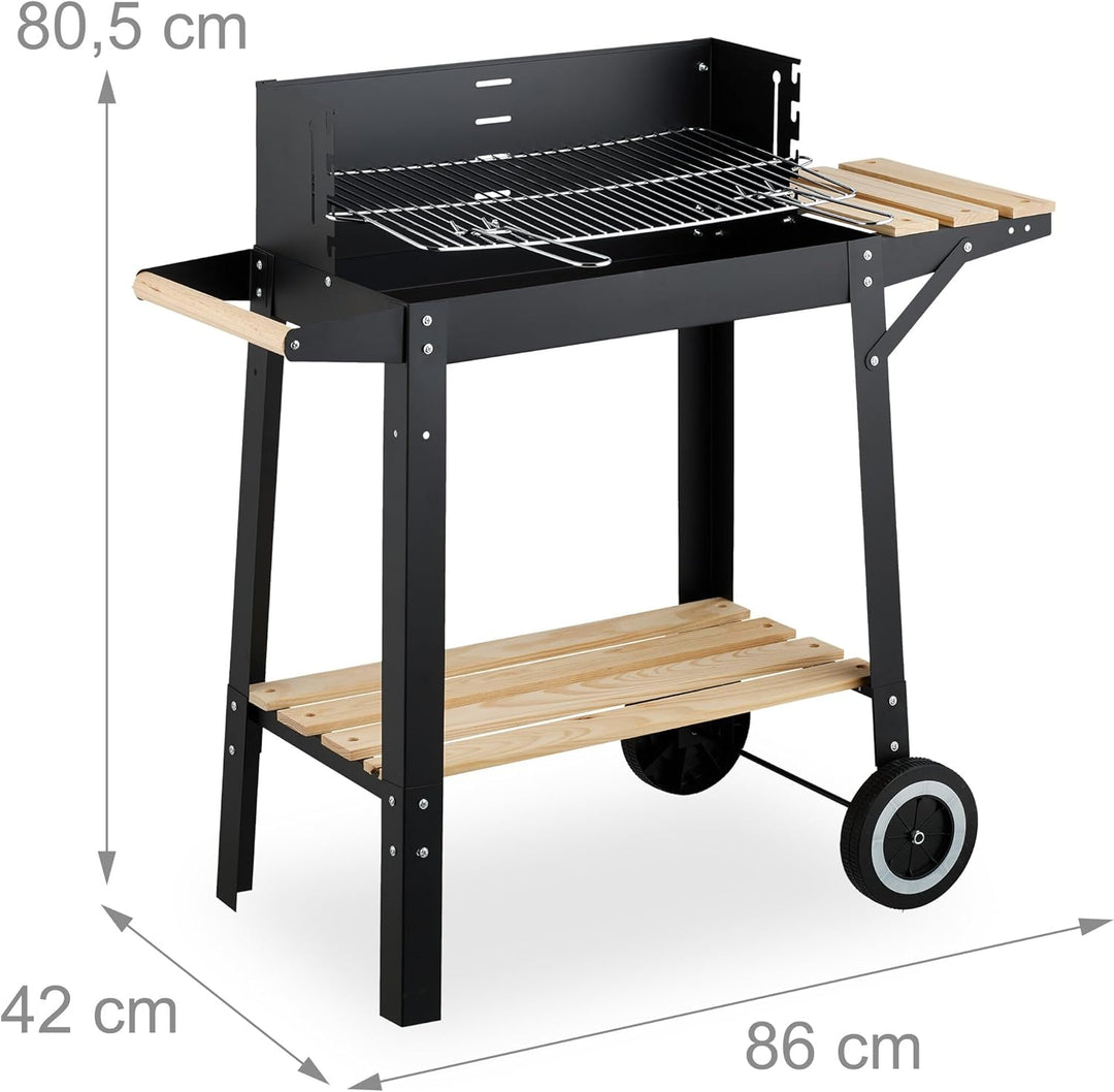 Relaxdays Grill mit Rädern, 2 Ablagen, höhenverstellbarer Rost, Windschutz, Grillwagen HBT: 80,5 x 8