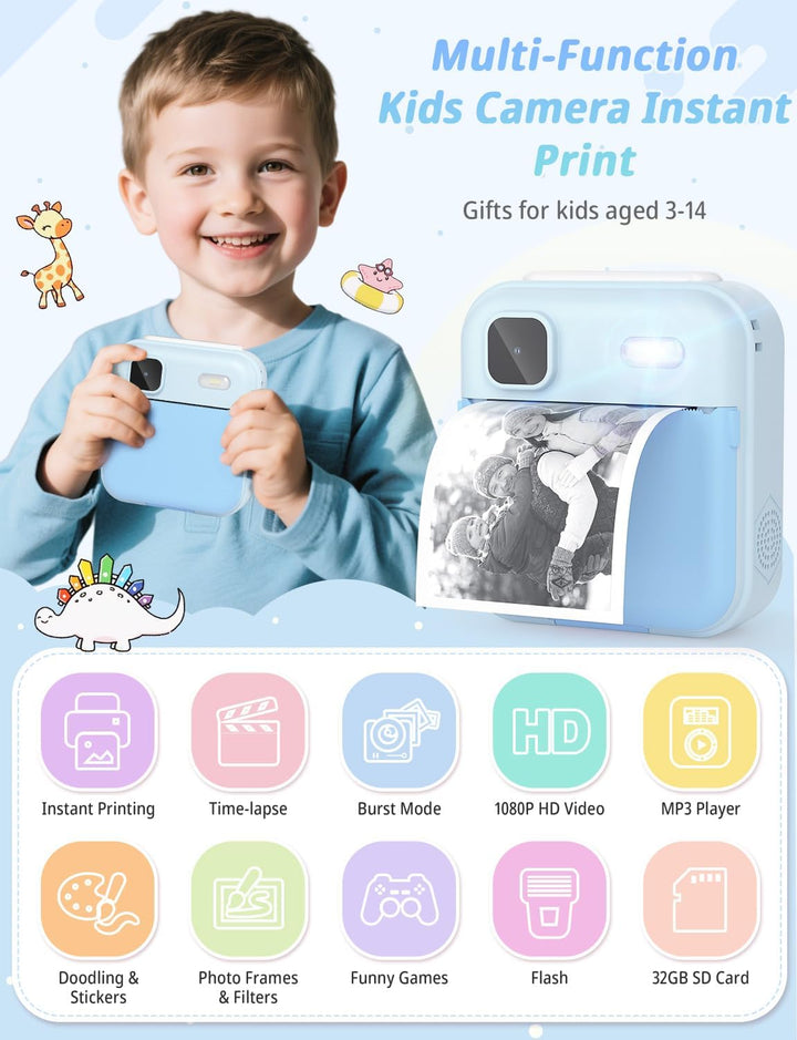 YOHOOLYO Sofortbildkamera Kinder 2,4 Zoll 1080P HD Kinderkamera mit 3 Rollen Druckpapier 32GB Karte