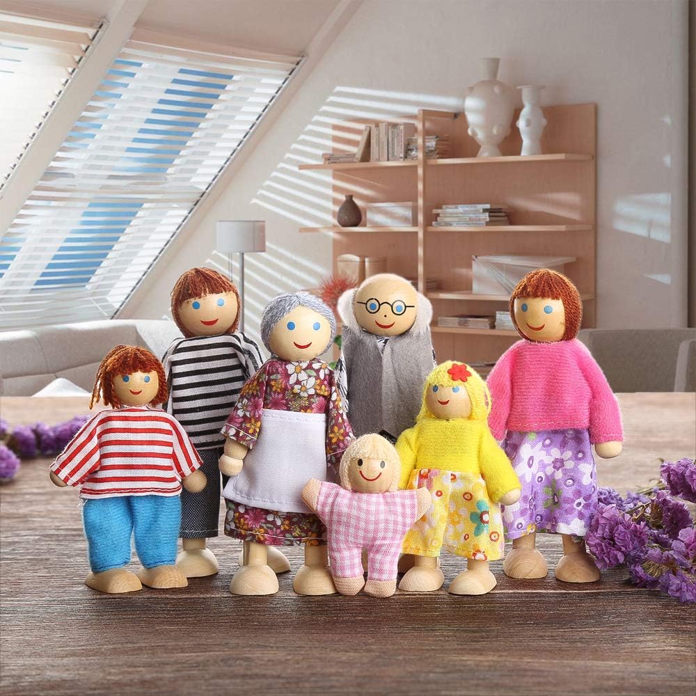 7-köpfige Puppenhaus Puppen, Puppenfamilien für Kinder Spiel Haus Geschenk Holz