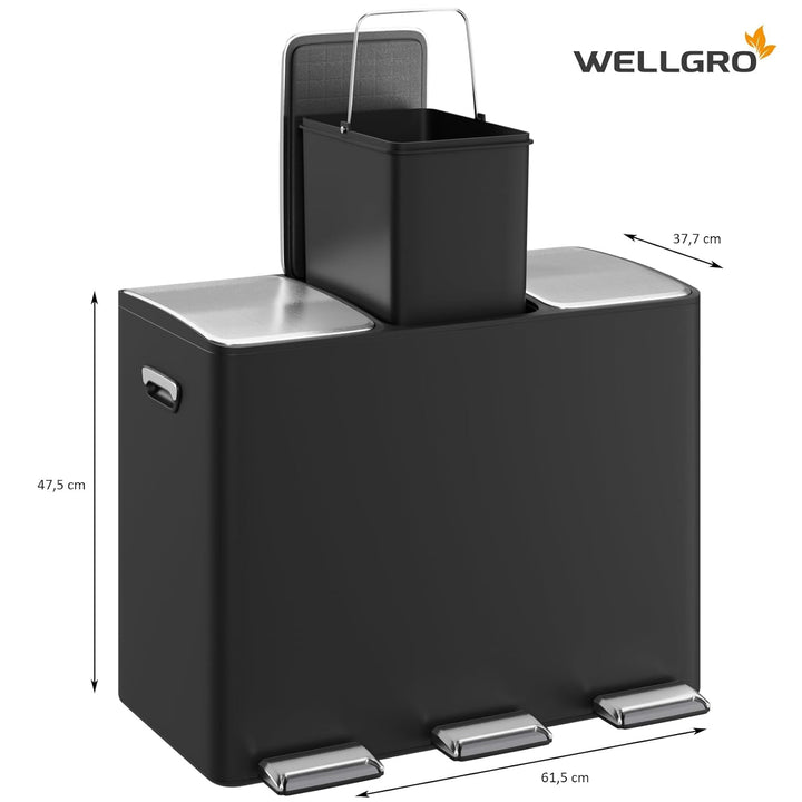 WELLGRO Treteimer, Mülleimer, Edelstahl Tretmülleimer mit 3 x 15 Liter, klappbaren Fusspedalen, Abse