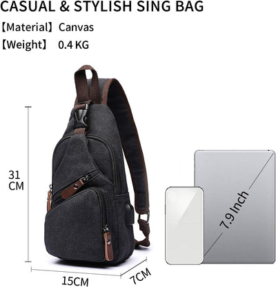 FANDARE Brusttasche Herren Schultertasche Sling Bag Rucksack mit USB Segeltuch Tasche Umhängetasche