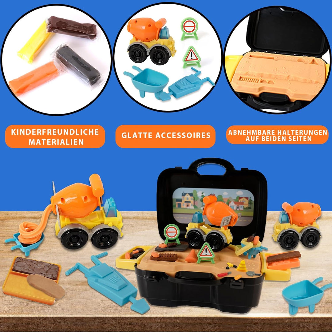 Knete Set Baustellenfahrzeuge Kinder Knete Zubehör mit Tragbarem Koffer, Zement Baustelle Spielzeug