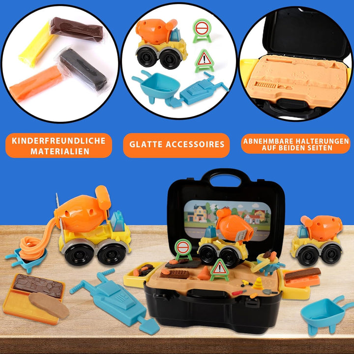 Knete Set Baustellenfahrzeuge Kinder Knete Zubehör mit Tragbarem Koffer, Zement Baustelle Spielzeug