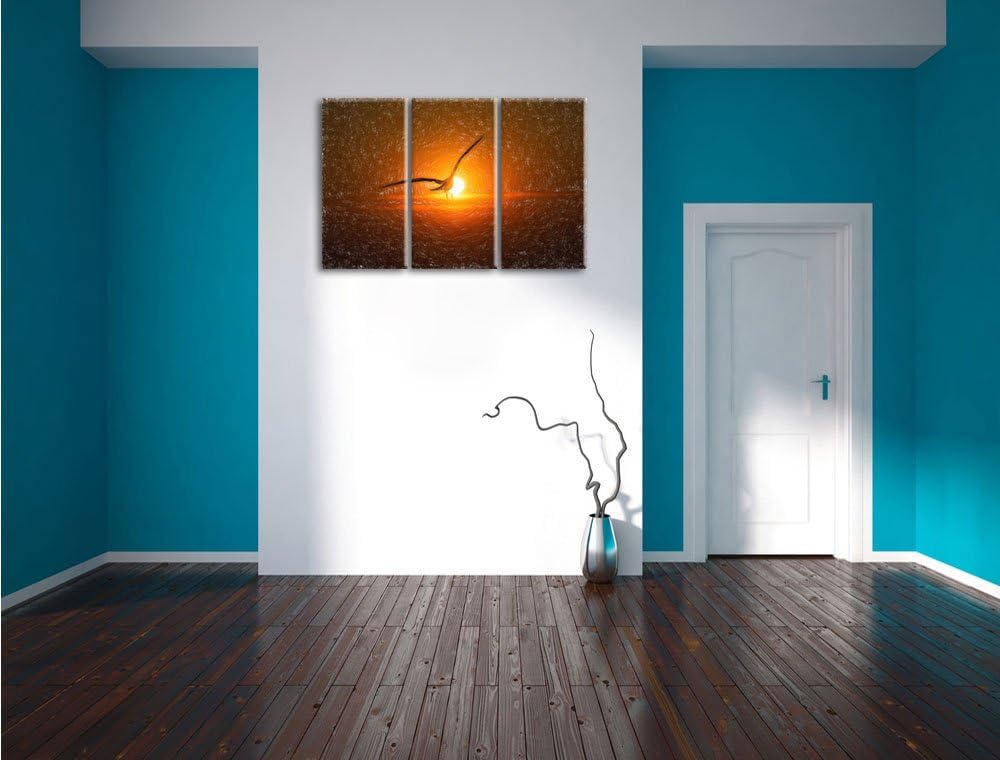 Pixxprint Möwe fliegt in den Sonnenuntergang als Leinwandbild/Grösse: 3 Teilig (120x80) cm/Wandbild/