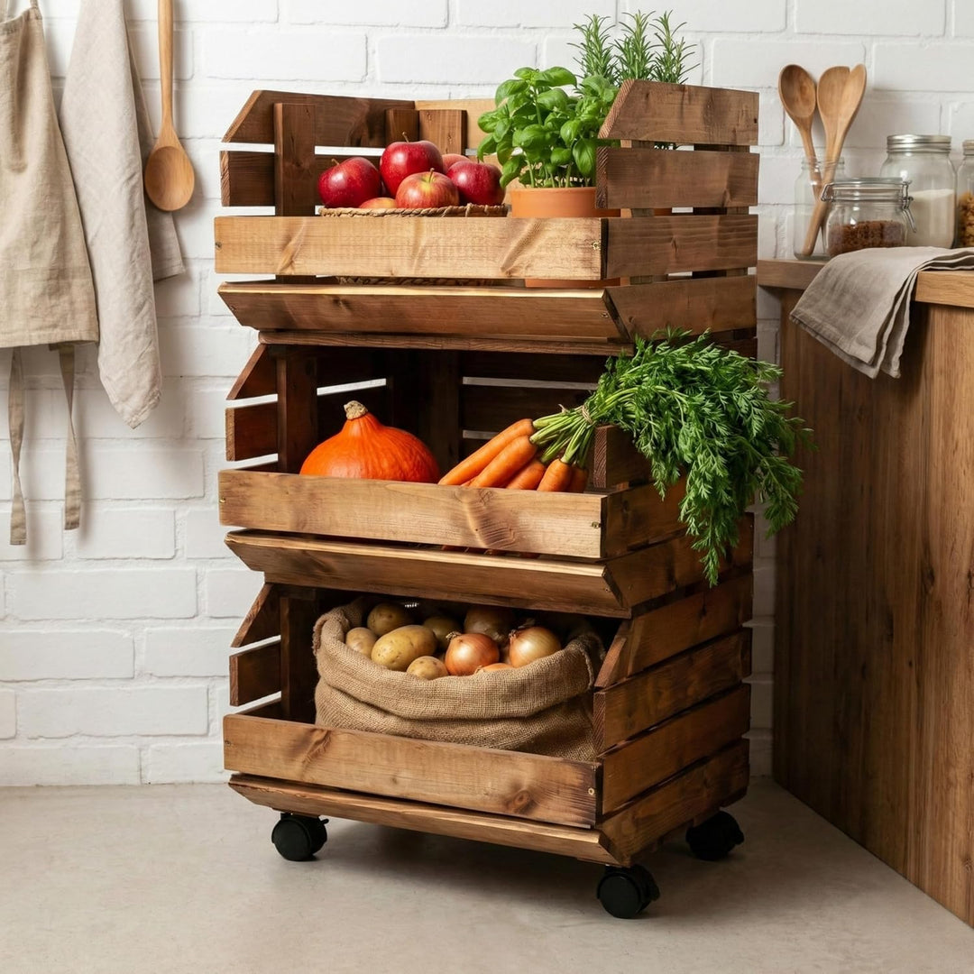Stapelkisten Set Gemüseregal Mit Rollen 3 Holzkisten Regal Obsthorde Kartoffelkiste Braun Mit Montag