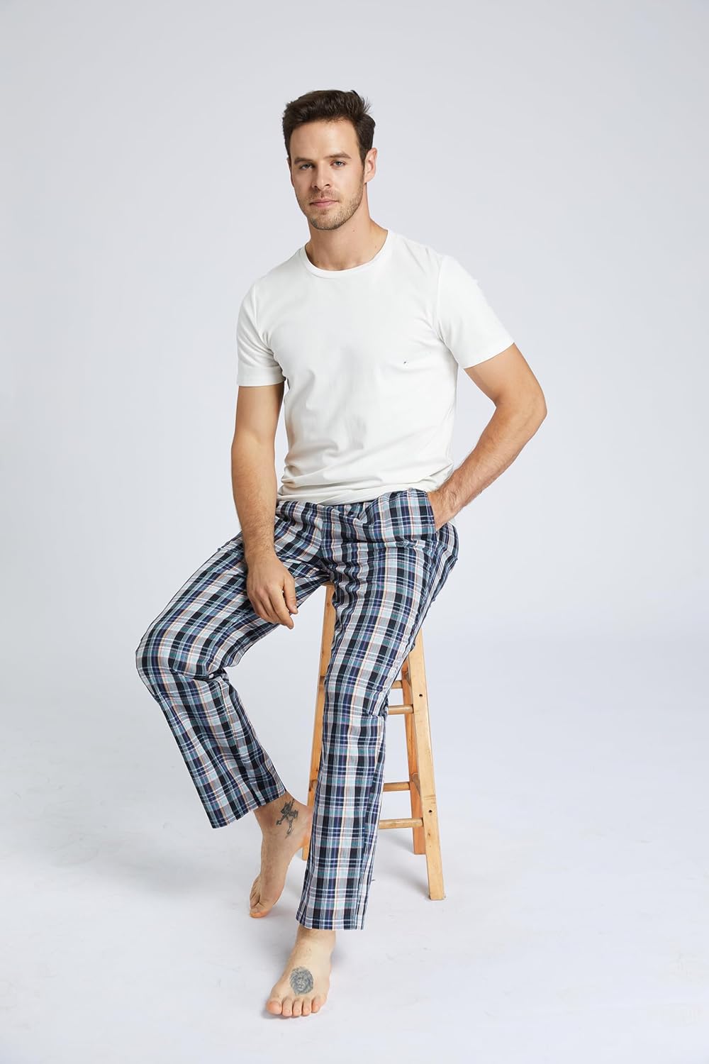 Jveyvth Herren 100% Baumwolle Pyjamahose, Gewebte kariert Schlafhose Loungewear Pyjama Hose mit Tasc