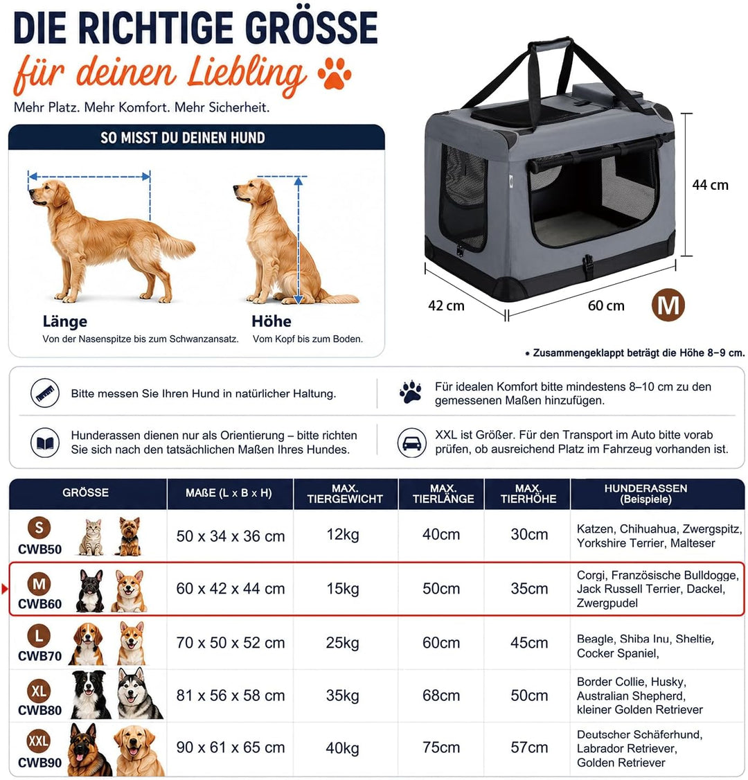 Zedelmaier Hundebox Faltbar Hundetransportbox, M 60x44x42cm, robust Transportbox für Hund &amp; Katze Gr