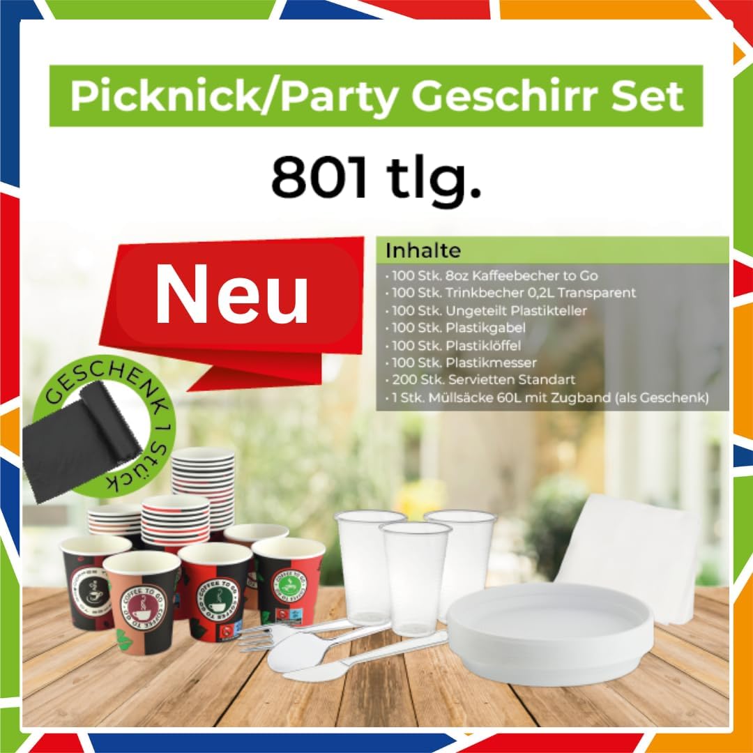 Partygeschirr Picknick Set 801 Teilig mit 200ml Pappbecher, Plastikbecher Transparent, Ungeteilt Tel