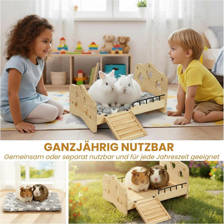 Meerschweinchen Bett Holz mit Treppe, Geländer und Matte, Zwergkaninchen Bettchen Kuschelkissen, Kan