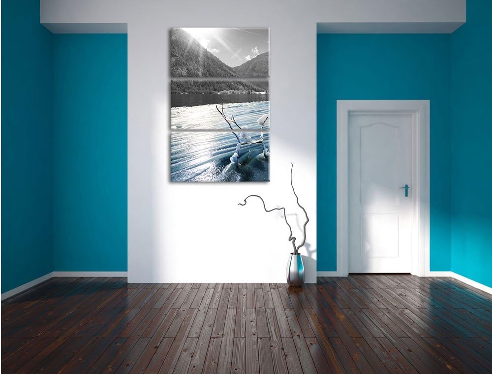 Pixxprint Ruhiger See im Winterwald als Leinwandbild/Grösse: 3 Teilig (120x80) cm/Wandbild/Kunstdruc