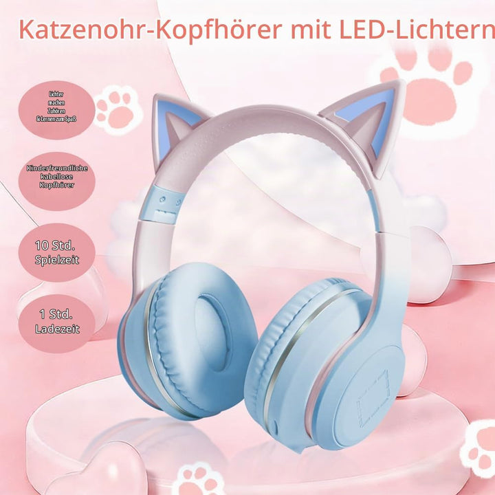 Kinder Bluetooth Kopfhörer, Katzenohr LED Lichter, Bluetooth 5.3 Stereo, Verstellbares Kopfband, 85d