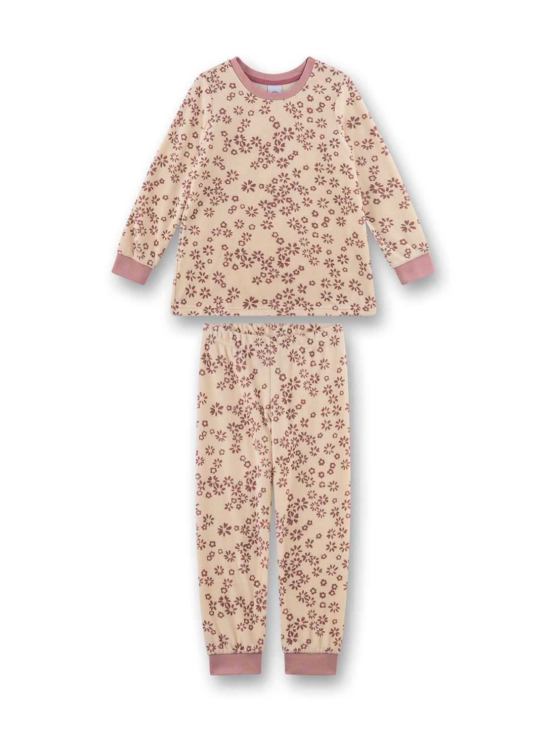 Sanetta Mädchen-Schlafanzug lang aus Nicki beige Blumen | Hochwertiger und bequemer Schlafanzug aus