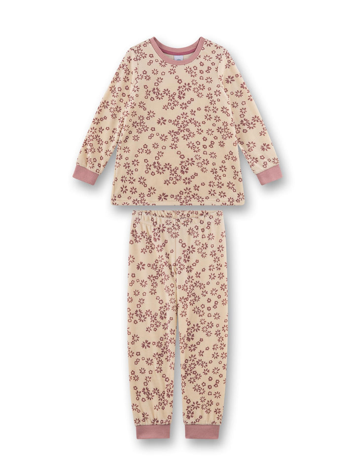 Sanetta Mädchen-Schlafanzug lang aus Nicki beige Blumen | Hochwertiger und bequemer Schlafanzug aus