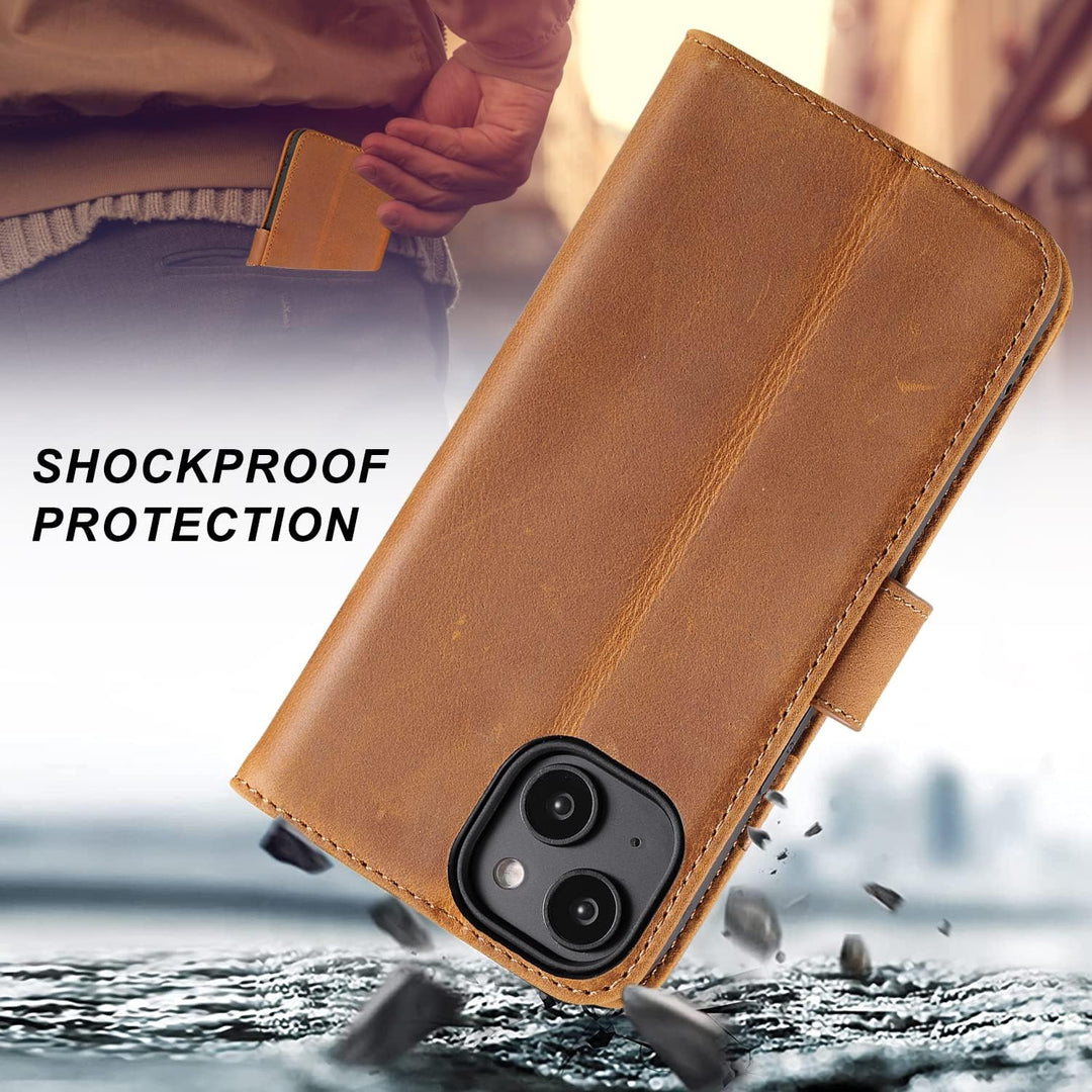 LENSUN Echtleder Hülle für iPhone 14, Handyhülle [Echtes Leder][Magnetverschluss][RFID Schutz] Handy