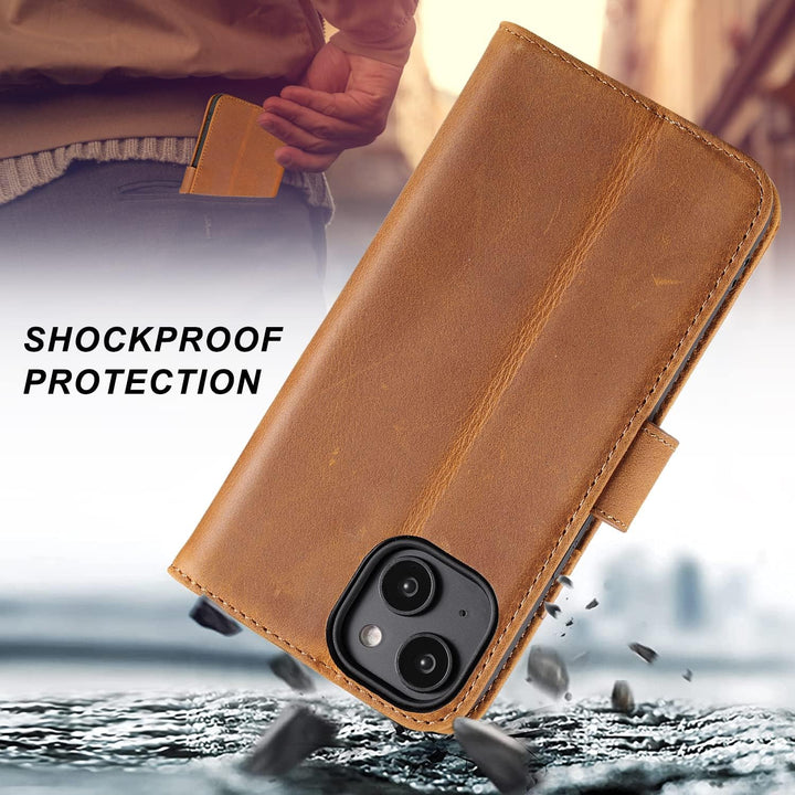 LENSUN Echtleder Hülle für iPhone 14, Handyhülle [Echtes Leder][Magnetverschluss][RFID Schutz] Handy