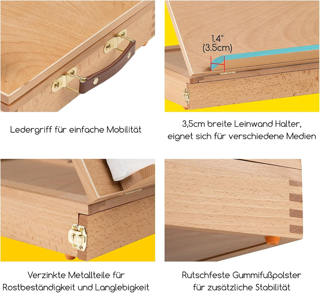 MEEDEN Tischstaffelei Box aus Holz, Portable Sketchbox aus Buchenholz mit Aufbewahrung, Verstellbare