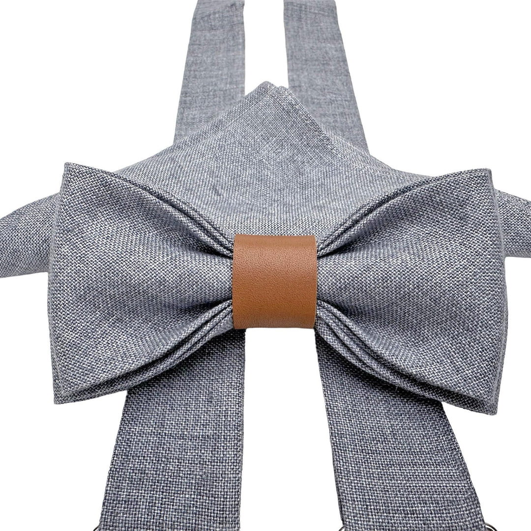 LINILI Leinen Accessoires SET: Fliege, Hosenträger, Einstecktuch- Fliege bereits gebunden, verstellb