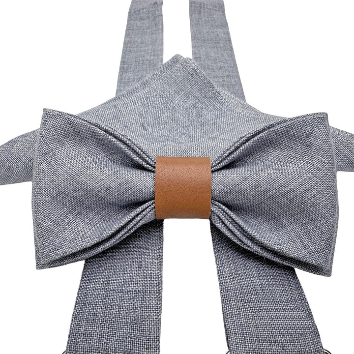 LINILI Leinen Accessoires SET: Fliege, Hosenträger, Einstecktuch- Fliege bereits gebunden, verstellb