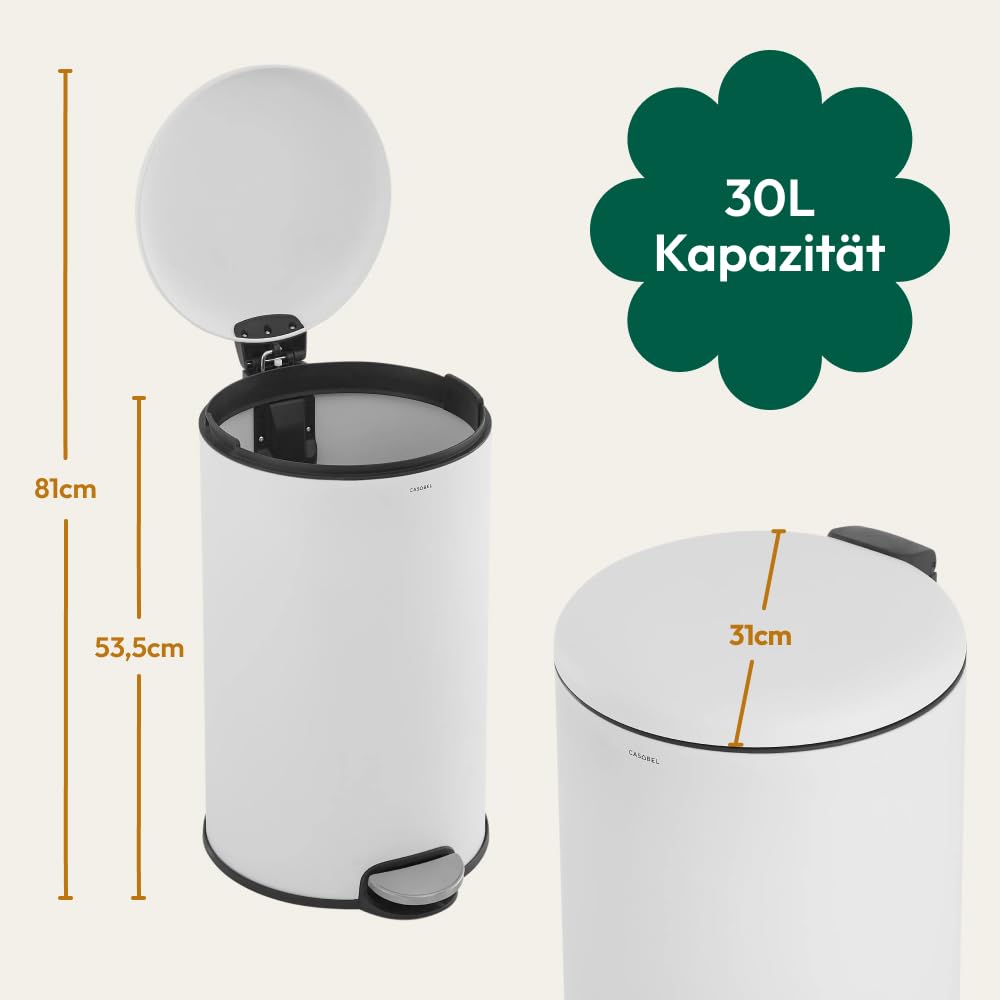 CASABEL Mülleimer Küche 30L - 100% Edelstahl, Resistent gegen Fingerabdrücke, Runder Treteimer mit F