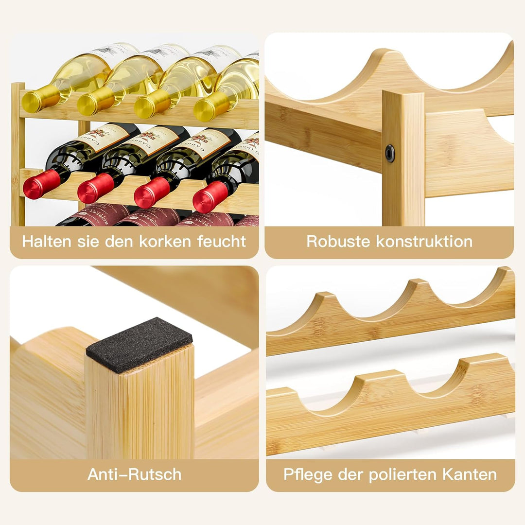 Dripex Weinregal klein, Flaschenregal mit 3 Ebenen, Flaschenhalter 12 Flaschen, Holz Weinständer ste
