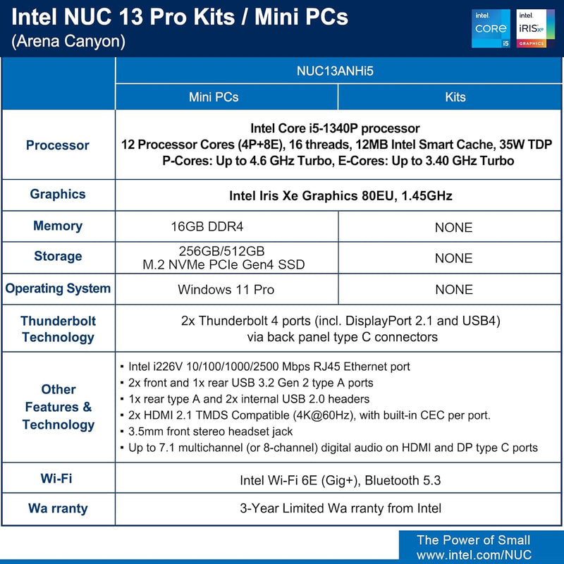 Intel NUC 13 Pro NUC13ANHi5 Arena Canyon Mini PC, Core i5-1340P, 16GB RAM, 512GB SSD, Mini Computer