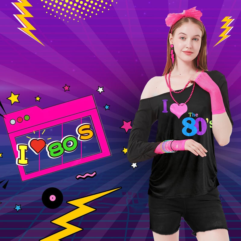 80er 90er Jahre Outfit Damen, I Love 80s T-Shirt, Beinwärmer, Stirnband, Ohrring, Halskette, Netzhan