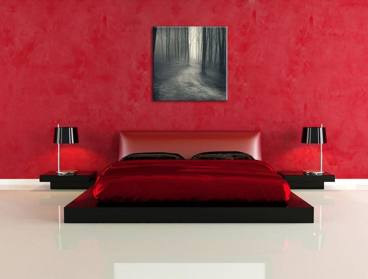 Pixxprint Düstere Landschaft schwarz weiss, Format: 70x70 auf Leinwand, 70x70