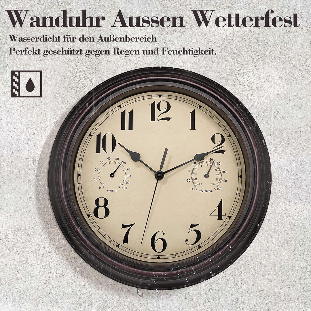 Foxtop Innen Draussen Wetterfeste Wanduhr mit Temperaturanzeige und Hygrometer, Ohne Tickgeräusche L