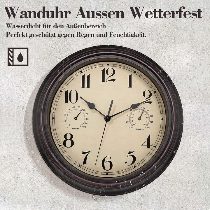 Foxtop Innen Draussen Wetterfeste Wanduhr mit Temperaturanzeige und Hygrometer, Ohne Tickgeräusche L
