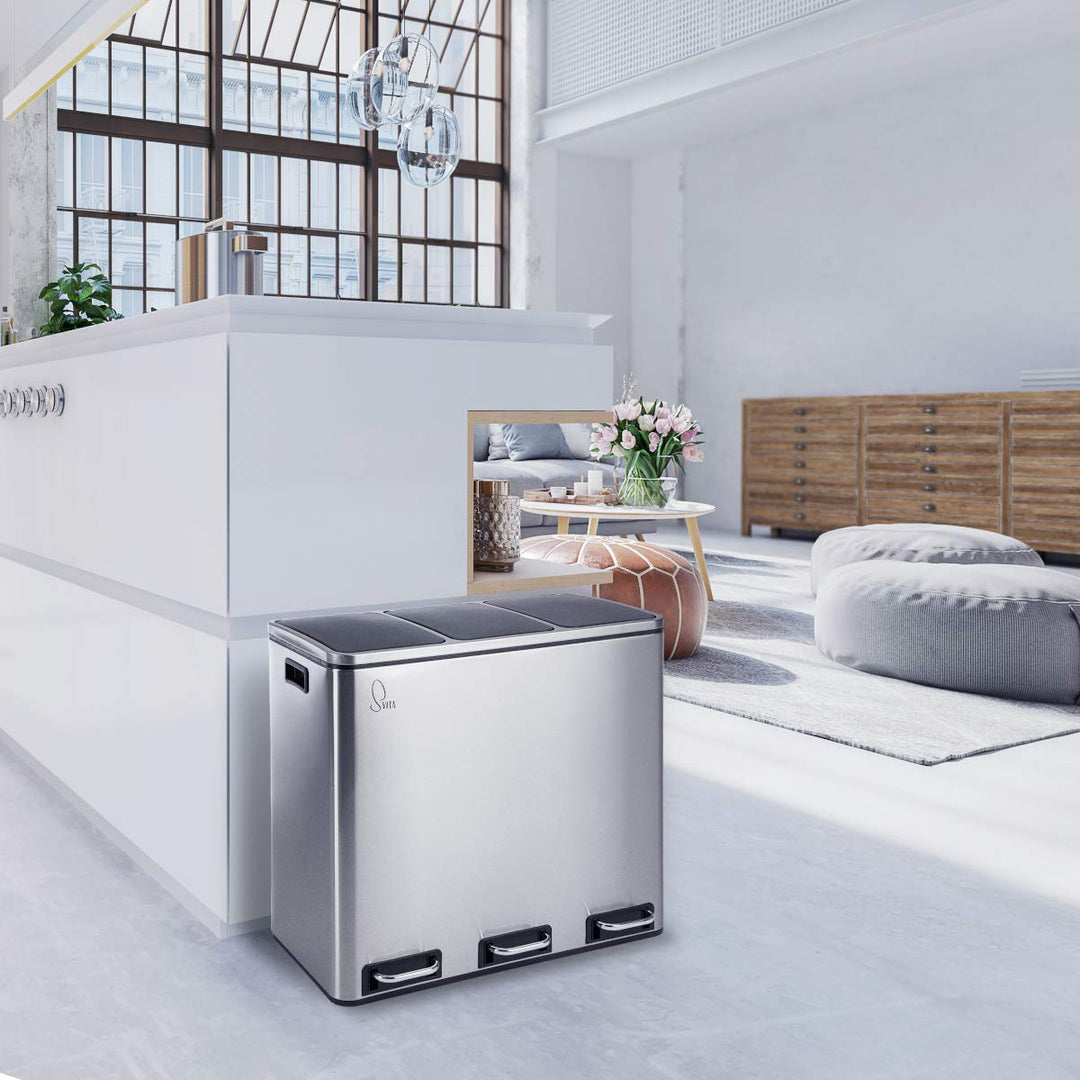 SVITA TM3X18 Edelstahl Treteimer 54 Liter Abfalleimer Mülleimer Design Silber Mülltrennung Papierkor