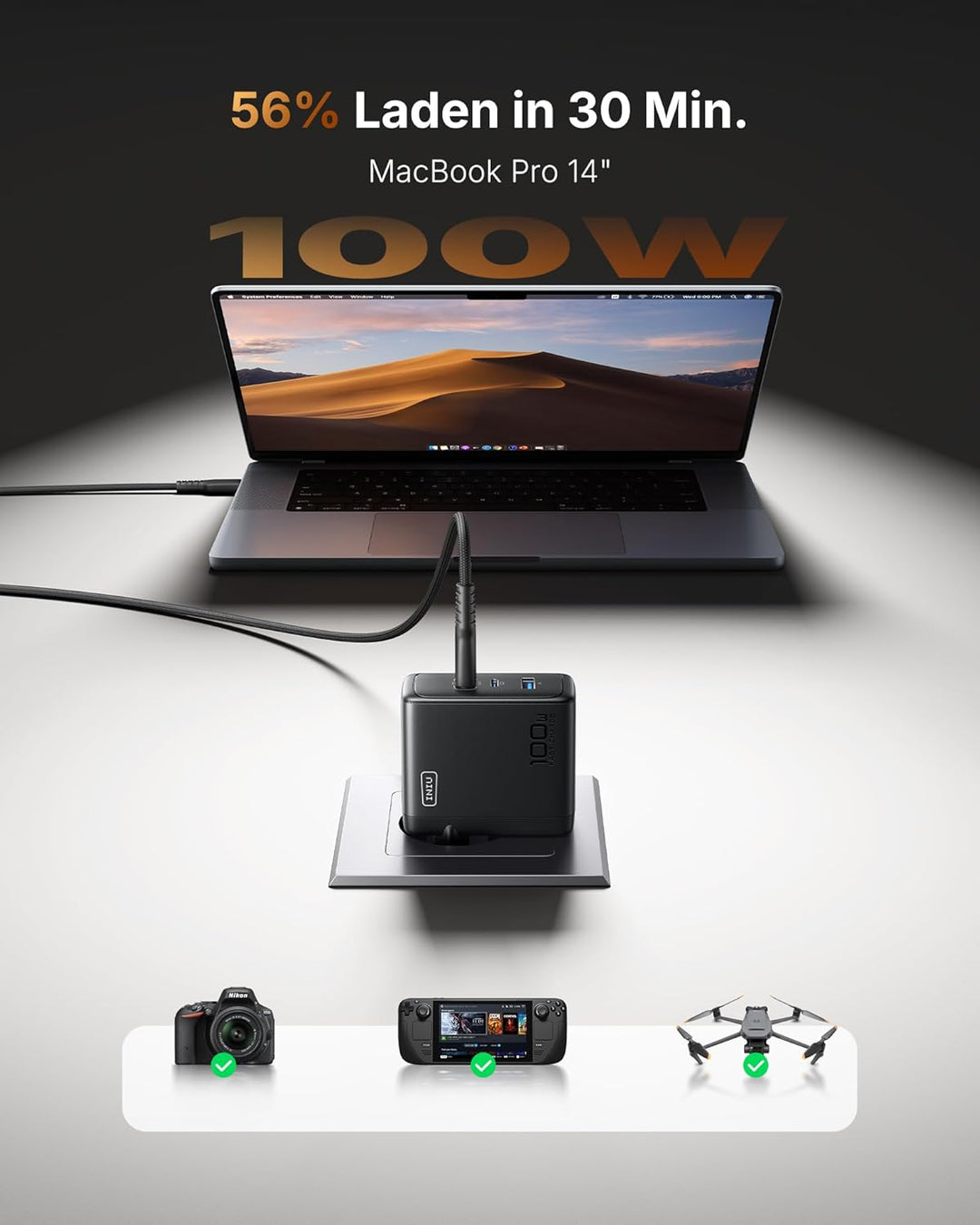 INIU 100W USB C SchnellLadegerät, (GaN Ⅲ) 3 Ports Laptop Netzteil PD PPS ladegerät Fast Charger, Kom