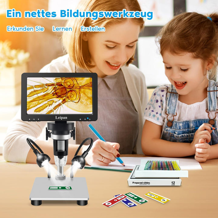 Leipan 7" LCD Digital Mikroskop, 1200X, 12MP, 1080P Video, 12 Objektträger, kabelgebundene Fernbedie